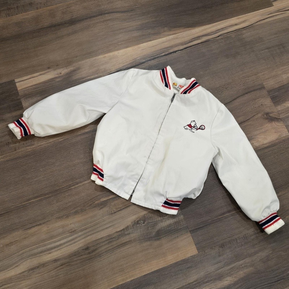 Vintage Winnie The Pooh‎ White Red Blue Varsity Tennis Bomber Zip Jacket 4/5/6*